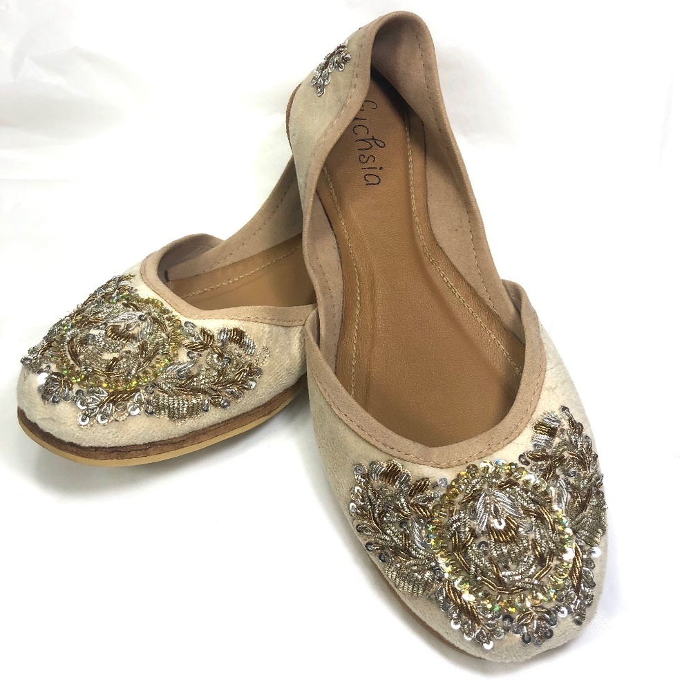 Fuchsia Velvet Flats NEW Beige Gold Bead Embroidery Limited Ed Slip On Slipper